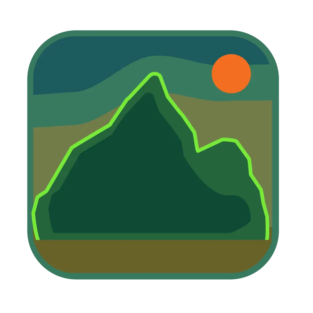 Full-color mountain logo with layered greens and orange sun